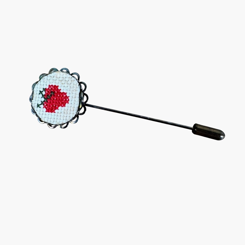 Vintage Strawberry Cross Stitch Stick Pin Brooch Scalloped Metal Cottagecore - Picture 2 of 5